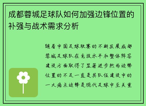 成都蓉城足球队如何加强边锋位置的补强与战术需求分析