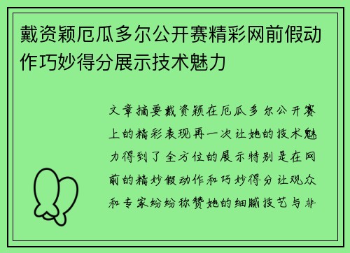 戴资颖厄瓜多尔公开赛精彩网前假动作巧妙得分展示技术魅力
