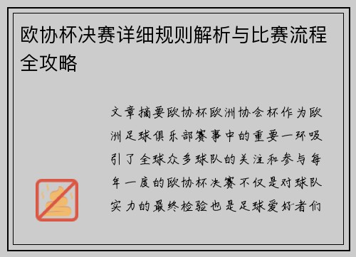 欧协杯决赛详细规则解析与比赛流程全攻略