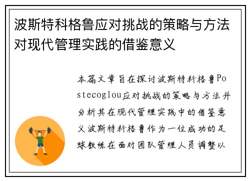 波斯特科格鲁应对挑战的策略与方法对现代管理实践的借鉴意义