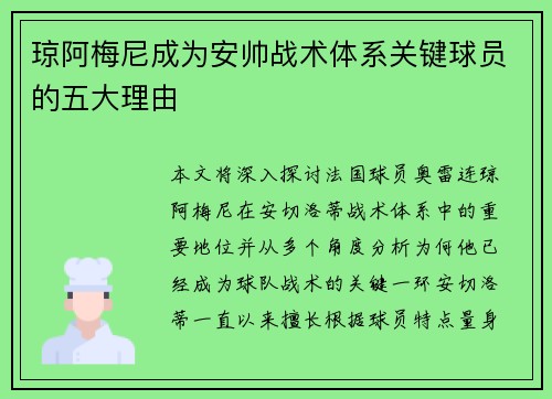 琼阿梅尼成为安帅战术体系关键球员的五大理由