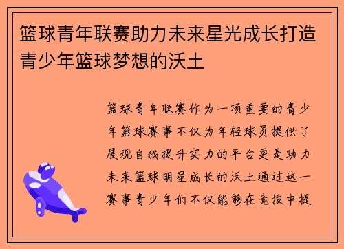 篮球青年联赛助力未来星光成长打造青少年篮球梦想的沃土