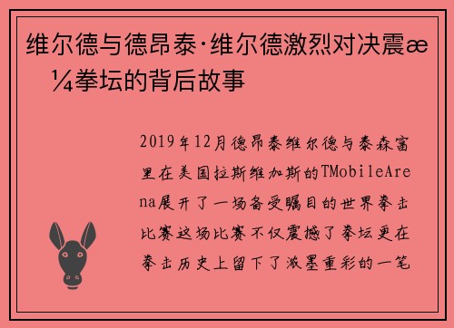 维尔德与德昂泰·维尔德激烈对决震撼拳坛的背后故事