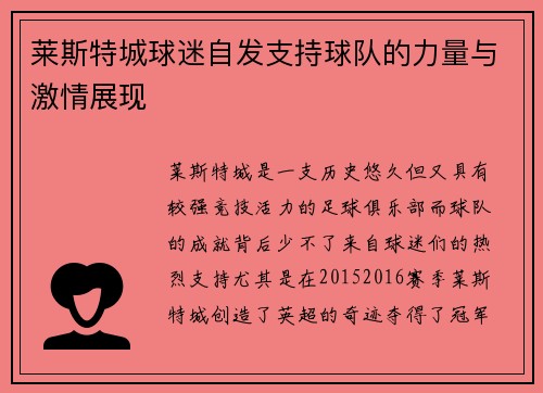 莱斯特城球迷自发支持球队的力量与激情展现